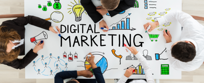 people siting around table with digital marketing written on it